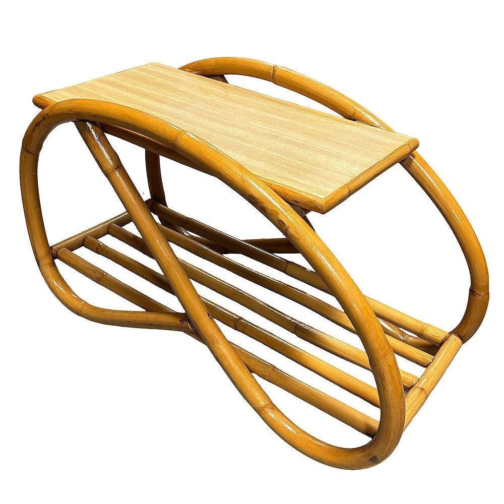 Restored Mid-century 3/4 Pretzel Rattan & Formica "Grasshopper" Side Table, Pair - 2