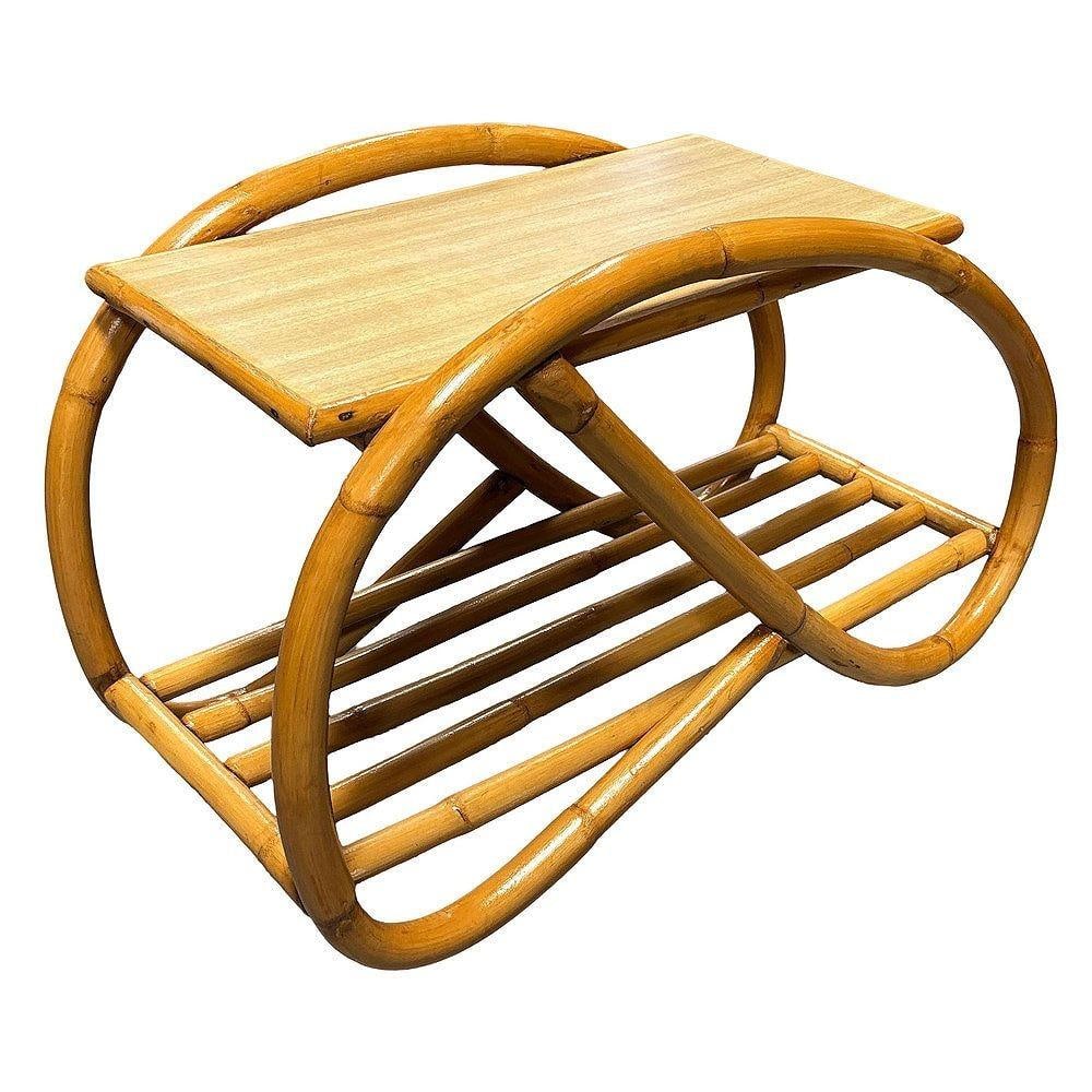 Restored Mid-century 3/4 Pretzel Rattan & Formica "Grasshopper" Side Table, Pair - 5