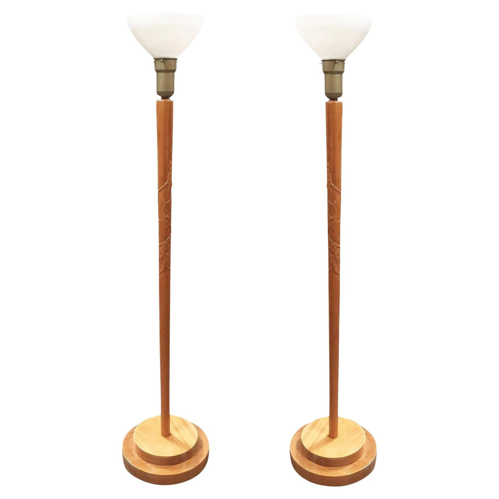 Russel Wright Style Hand-Carved Torchiere Floor Lamp, Pair: Title: Russel Wright Style Hand-Carved Torchiere Floor Lamp, Pair Description: Russel Wright style Mid-Century hand-carved wood torchiere floor lamp pair with milk glass shades. Additional Info: Dimen