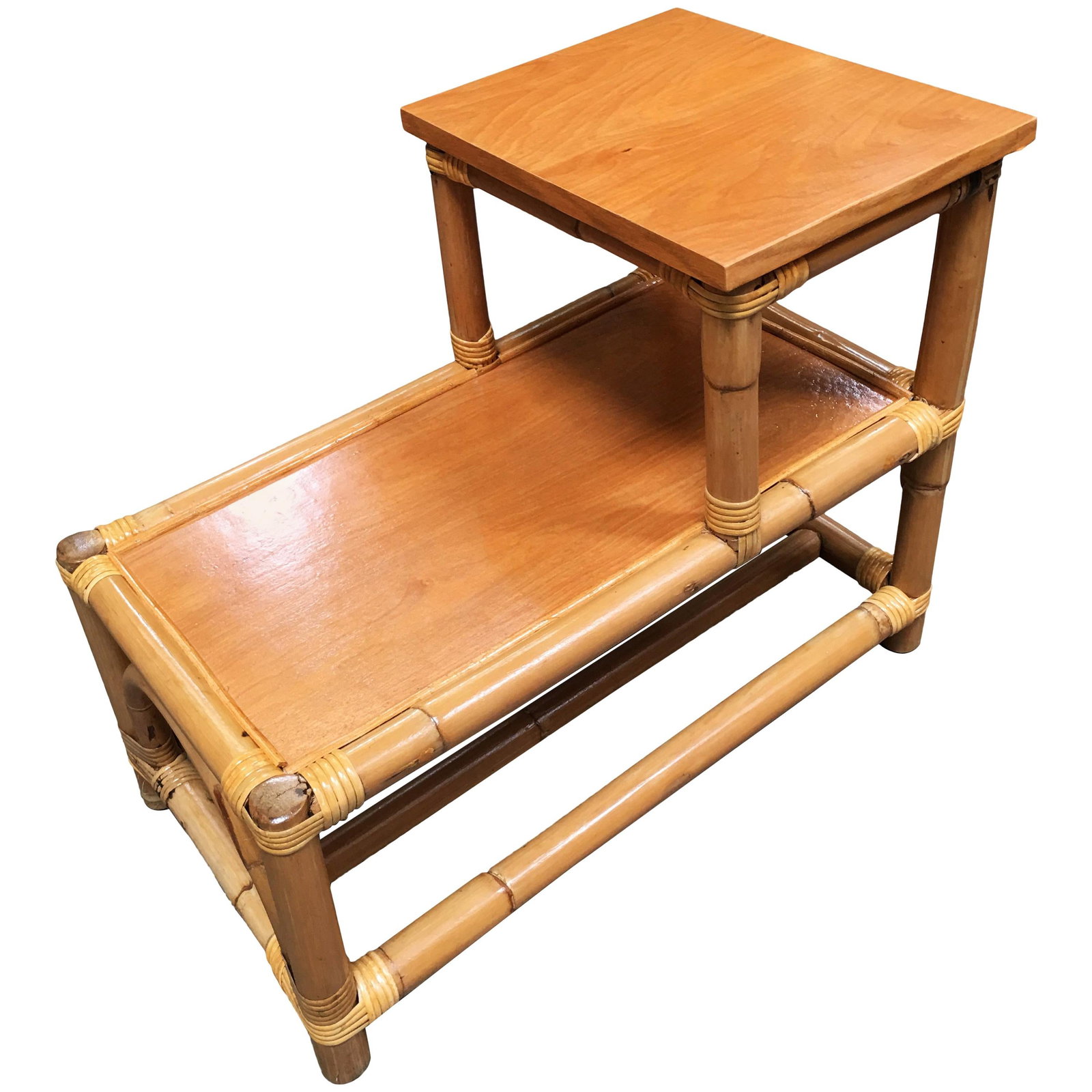 Restored Stick Leg Rattan Side Table with Two-Tier Wood Tops (1 of 5)