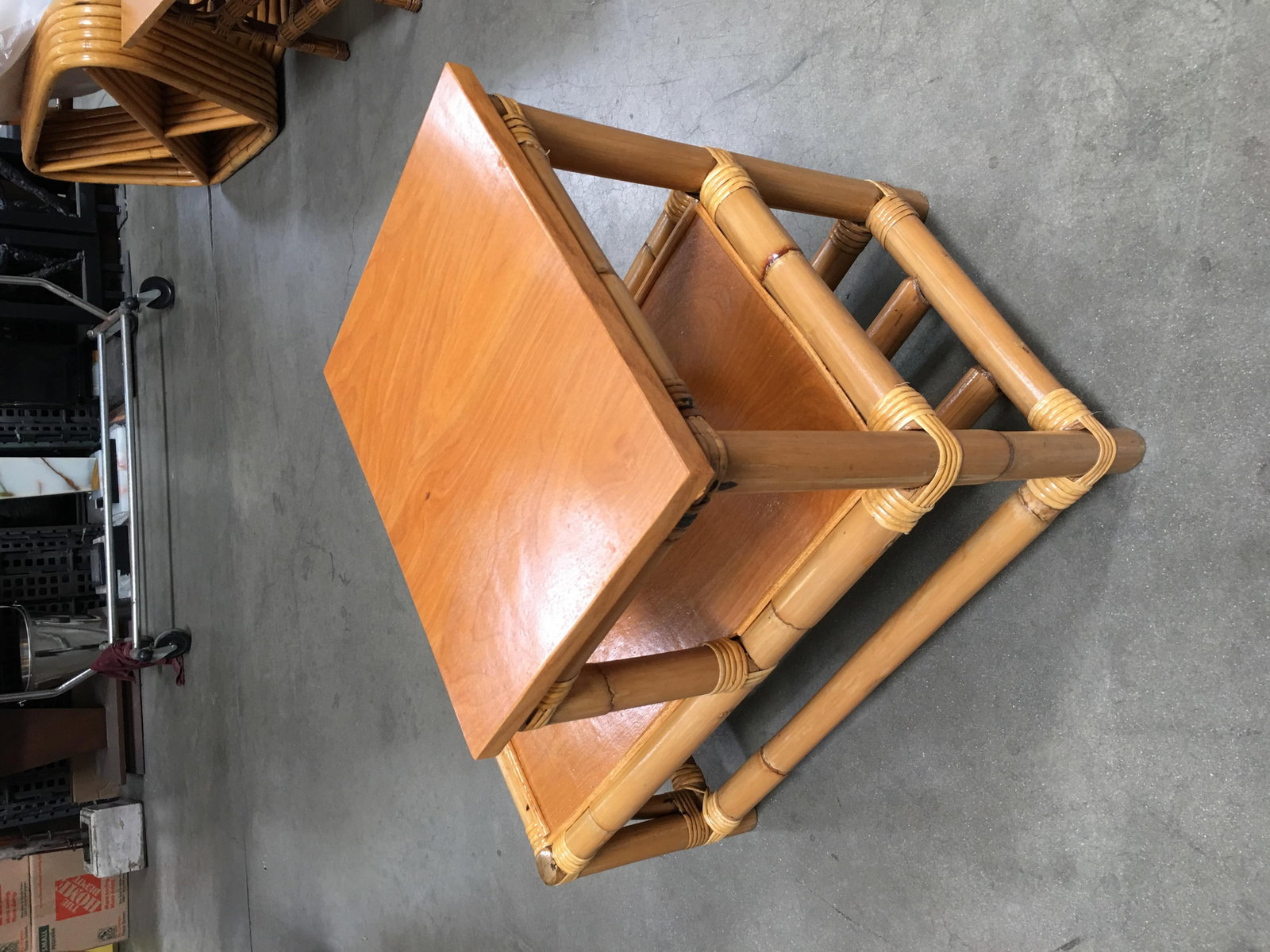 Restored Stick Leg Rattan Side Table with Two-Tier Wood Tops - 2
