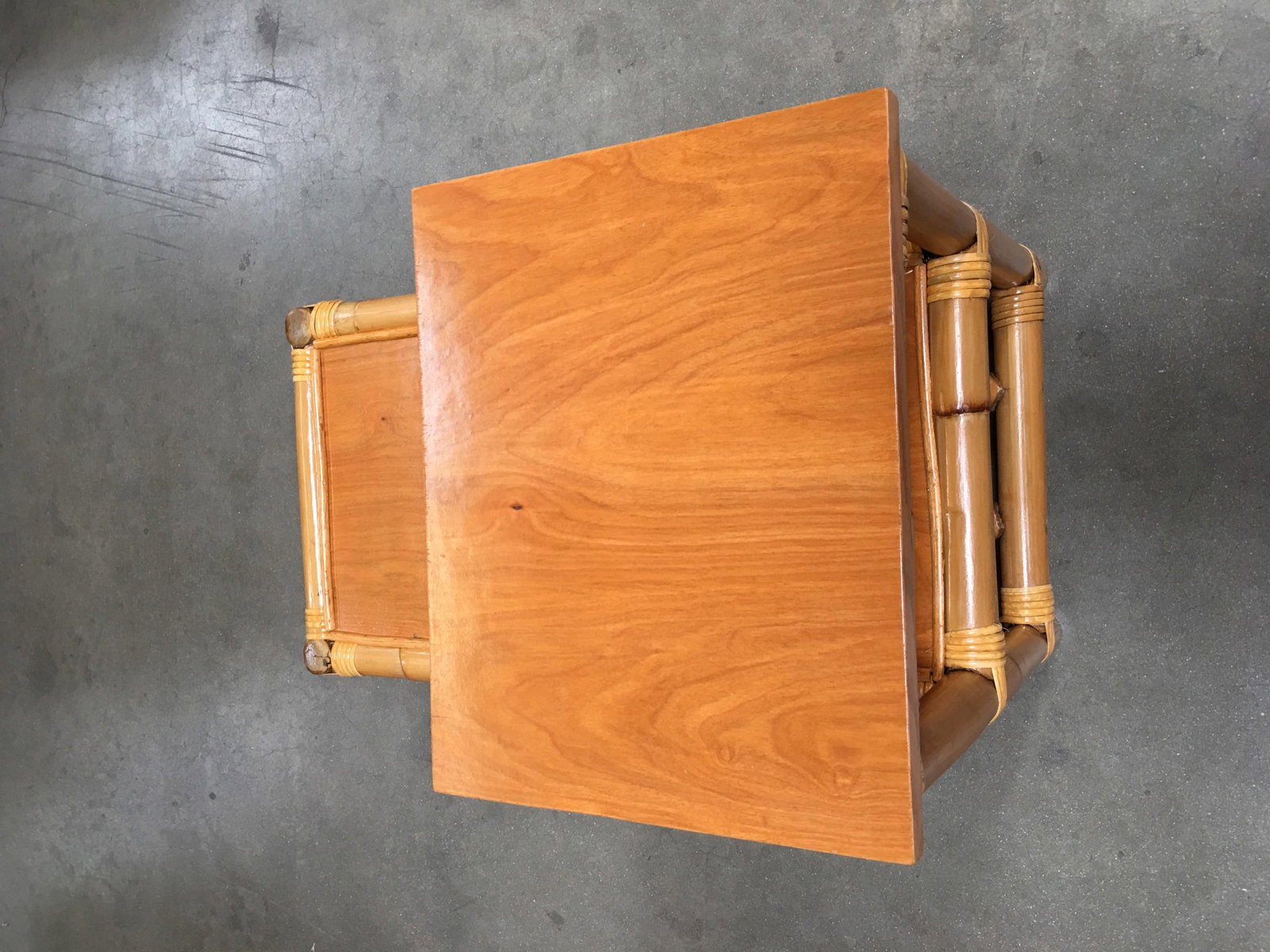 Restored Stick Leg Rattan Side Table with Two-Tier Wood Tops - 3