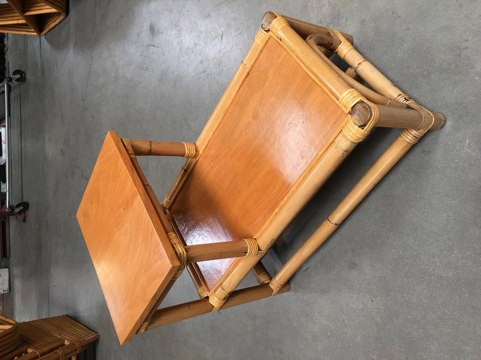 Restored Stick Leg Rattan Side Table with Two-Tier Wood Tops - 5