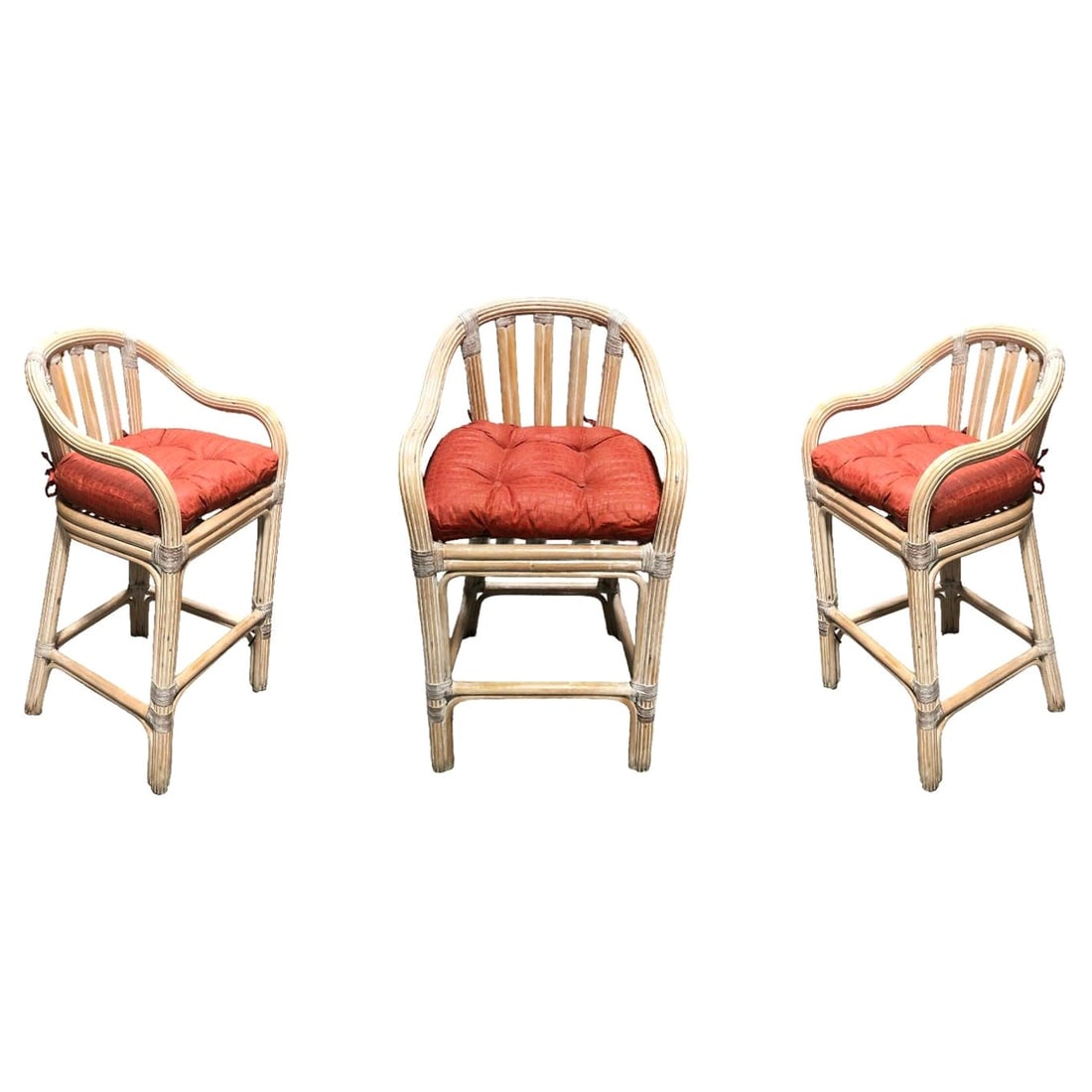 Restored Rattan Whitewash Counter Chairs: Title: Restored Rattan Whitewash Counter Chairs Description: This beautifully restored Paul Frankl-inspired rattan counter or bar chairs with a whitewash finish in a set of three. Elevate your space