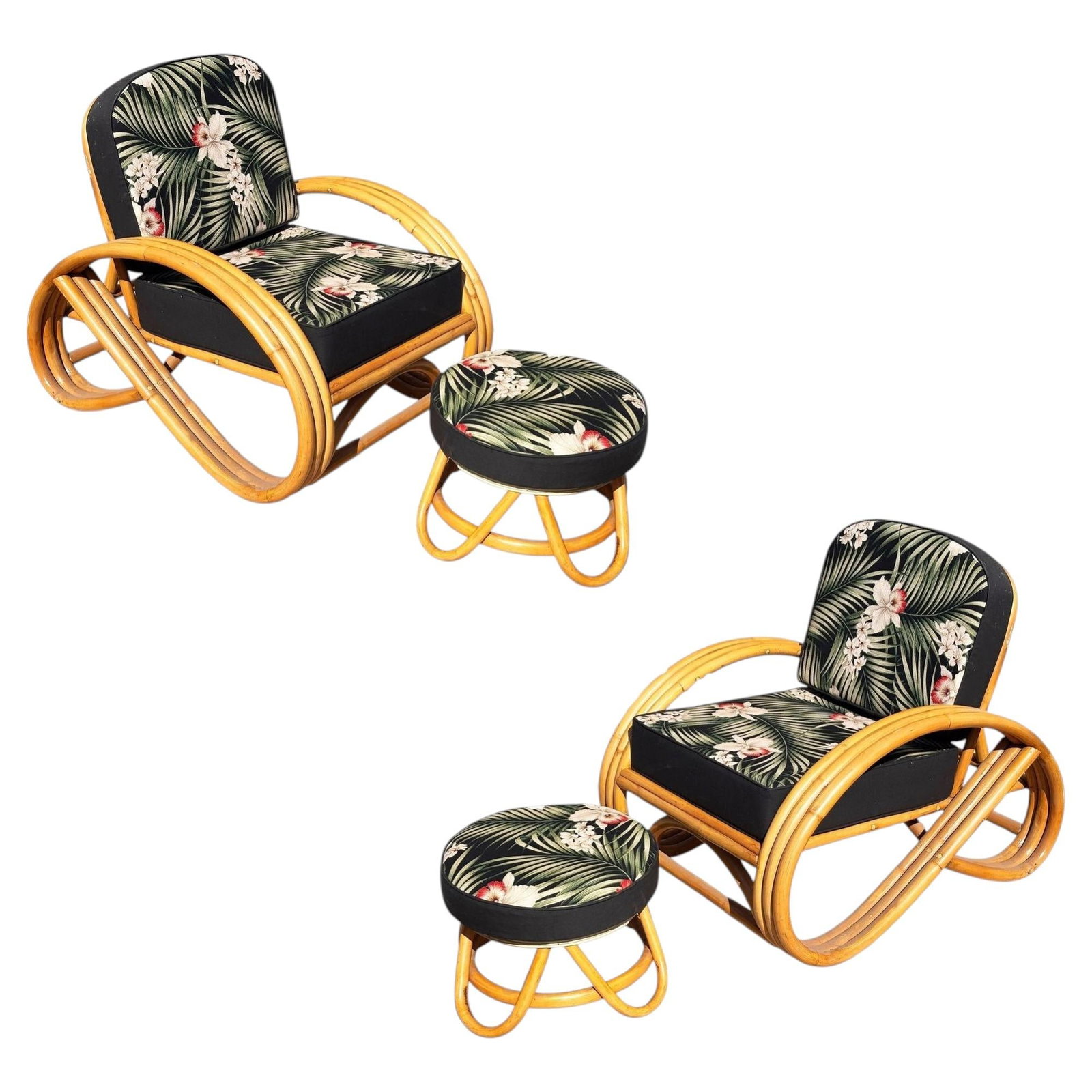 Restored MCM 3-Strand 3/4 Reverse Pretzel Rattan Lounge Chair& Ottoman Pair (1 of 5)
