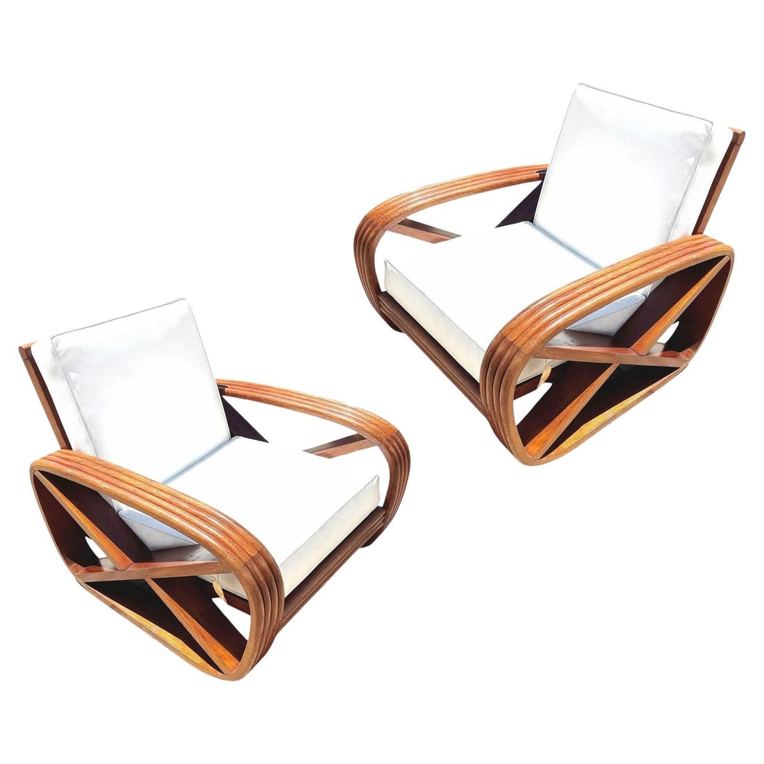 Rare 4-Strand like Carved Mahogany Square Pretzel Faux Rattan Lounge Chair, Pair (1 of 5)