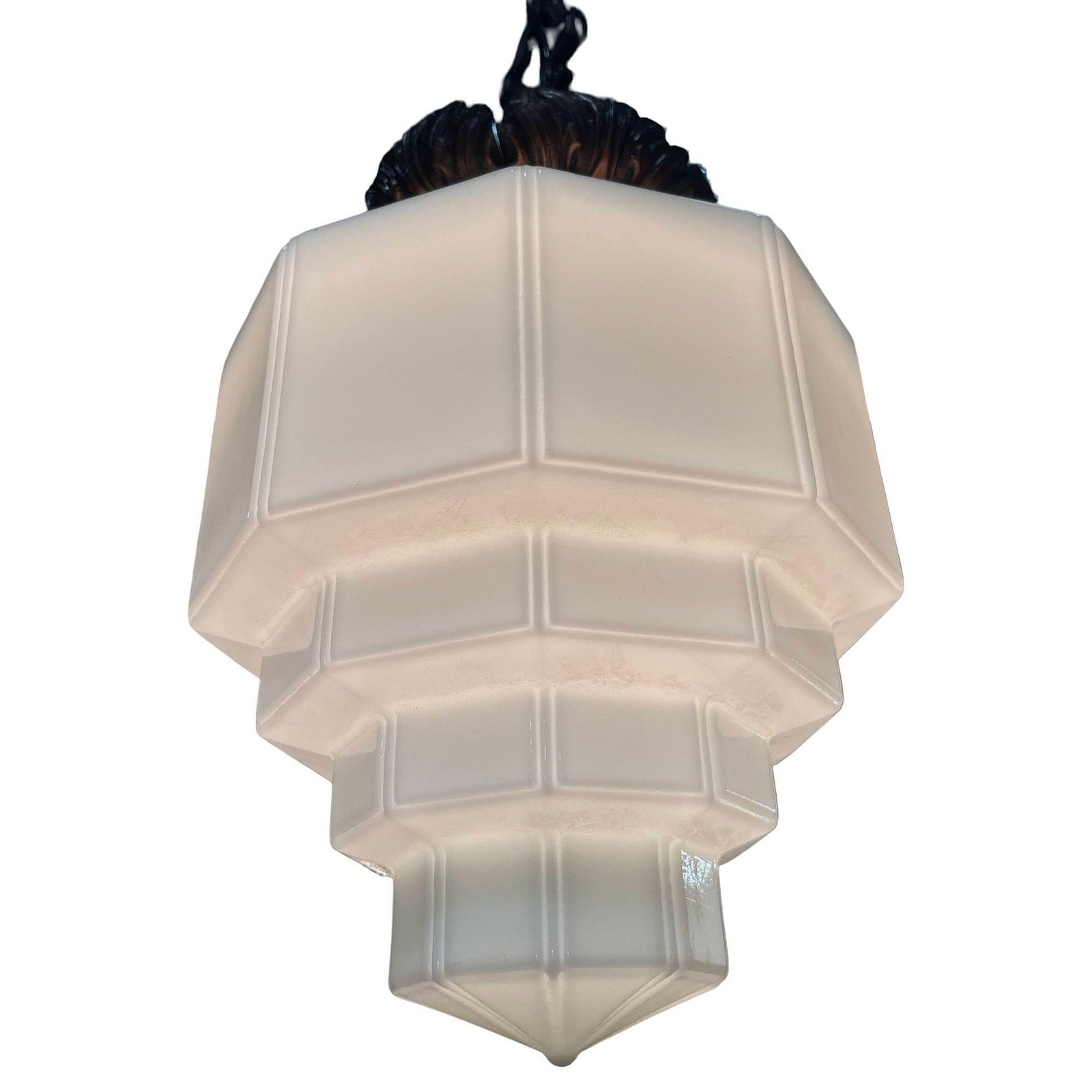 Art Deco Copper Acanthus Leaf Hanging Pendant Light w/ Stepped Milk Glass Shade - 2