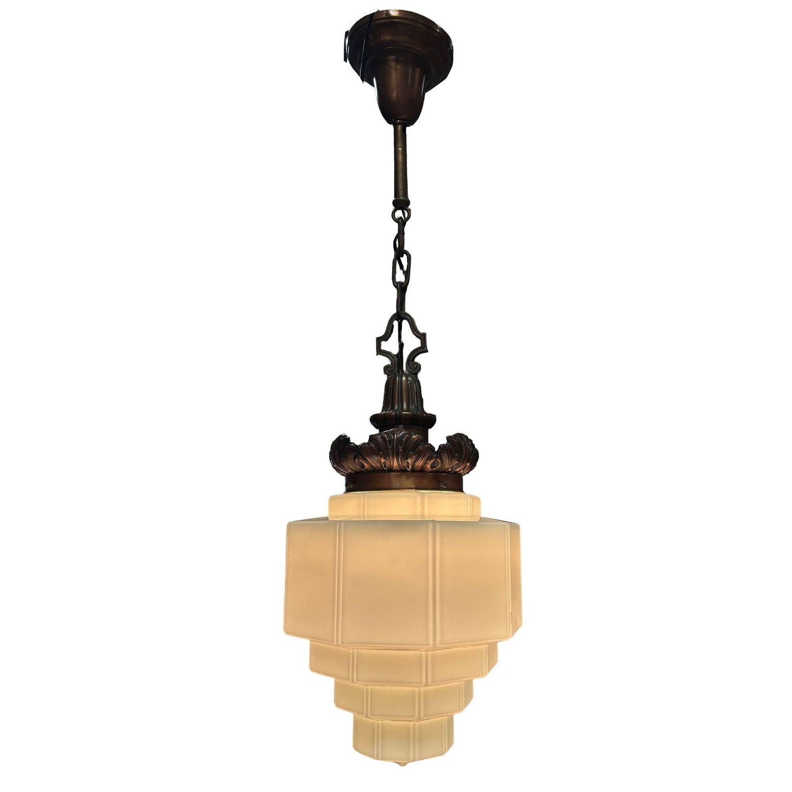 Art Deco Copper Acanthus Leaf Hanging Pendant Light w/ Stepped Milk Glass Shade - 5