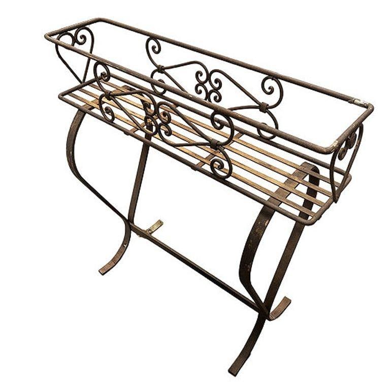 Mid-century Wroght Iron Scrolling Trestle Style Elevated Planter Stand - 2