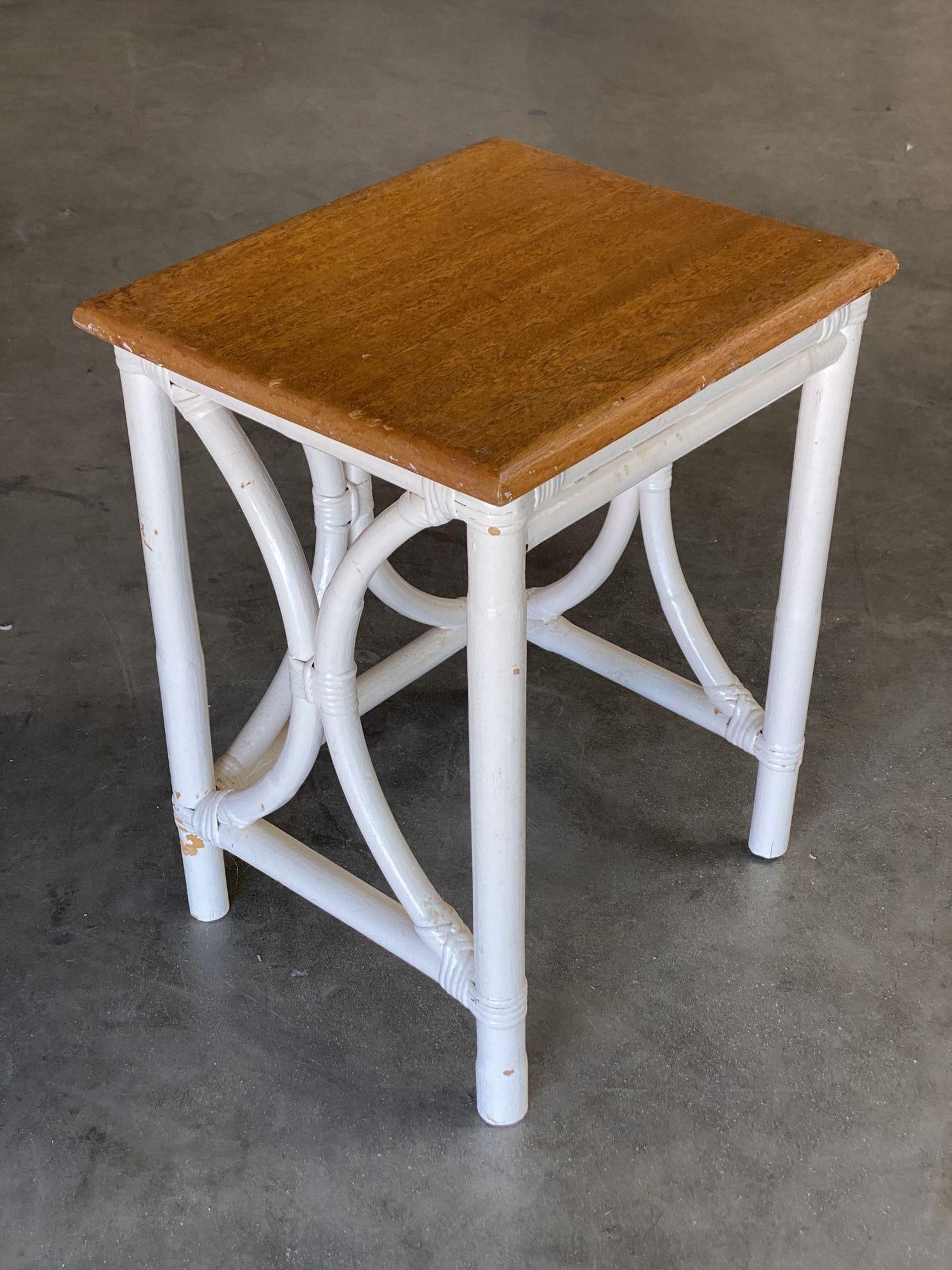 Mid-Century Set of 3 Whited Rattan Nesting Side Tables w/ Mahogany Top - 2