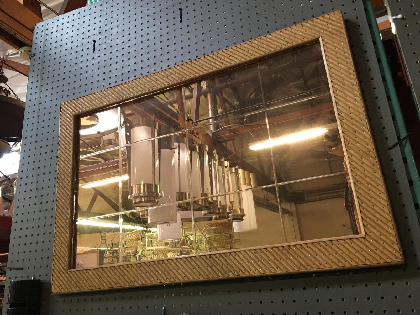 Restored Stick Rattan Rectangle Peach Glass Mirror with Nail Heads - 4