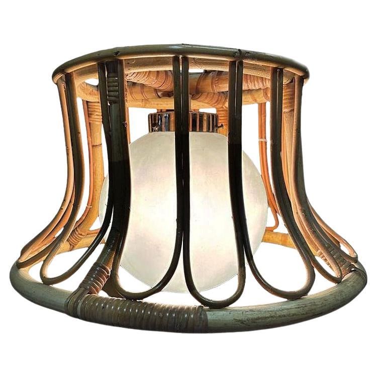 Albini Style Tulip-Shaped Reed Rattan Cieling Pendant Light w/ Glass Globe: Title: Albini Style Tulip-Shaped Reed Rattan Cieling Pendant Light w/ Glass Globe Description: This beautifully restored Albini style tulip-shaped reed rattan ceiling pendant chandelier with fancy wic
