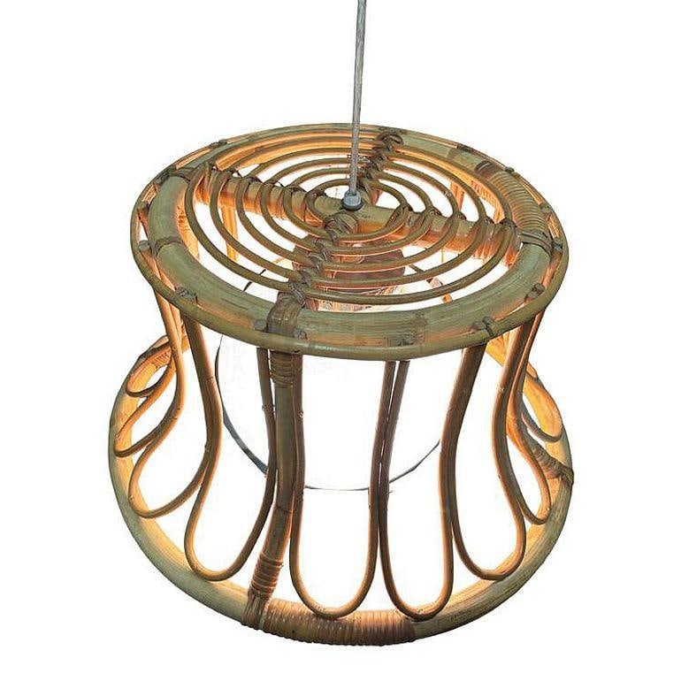 Albini Style Tulip-Shaped Reed Rattan Cieling Pendant Light w/ Glass Globe - 4