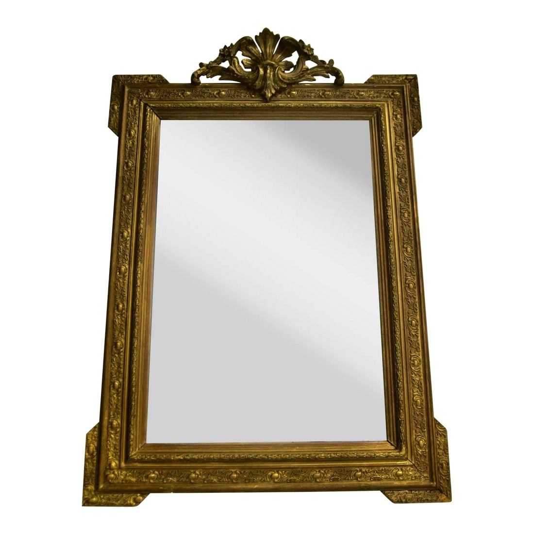 Mid 19th Century French Napoleon III Gilded Mirror: Particularly elegant traditional Napoleon III circa 1850 mirror with a lovely stuc decor all over the frame and flowers / baroque shell as crown , will bring a sophisticated touch to any interior ,