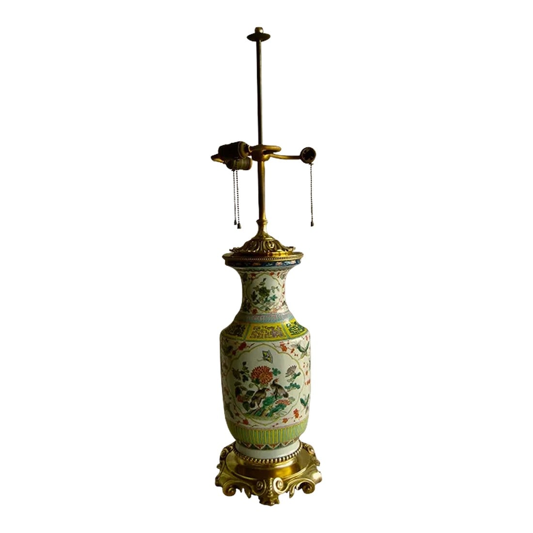 19th Century Large Chinese Vase Bronze Mounted Lamp: Impressive large lamp from the 1800 hundreds , the Chinese vase might be older , all hand painted and enameled it present on each side a different scene with birds in a cartouche and butterflies all o