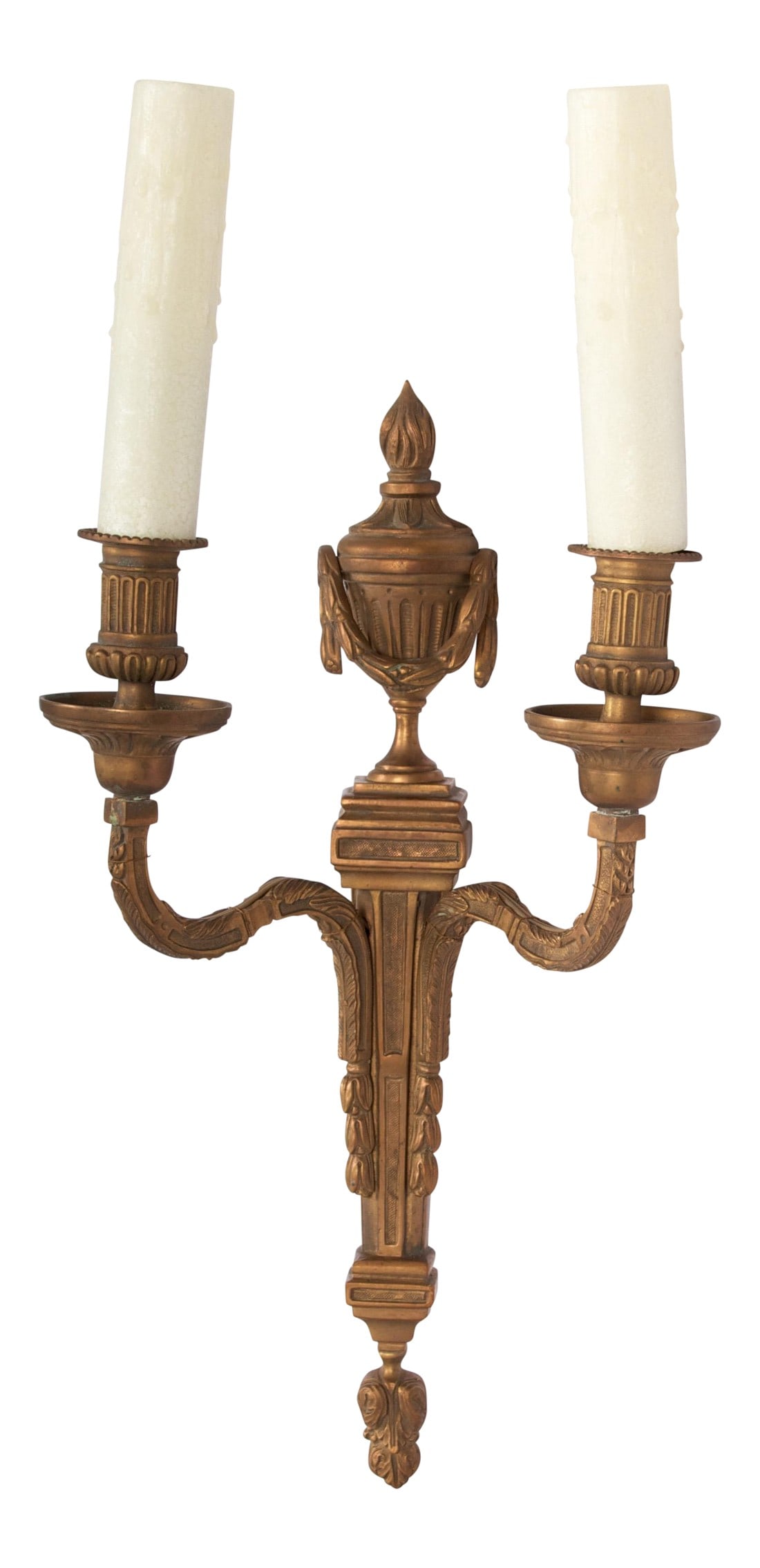 Patinated Bronze Two-Light Classical Sconce: A fine patinated bronze two light sconce, waxed sleeves, ready for direct mount. Condition: Alterations: Original Condition Unaltered Imperfections: Some Imperfections Condition Notes: Excellent -