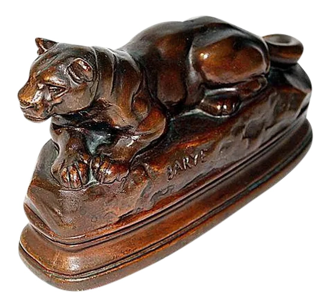 Barye Bronze Jaguar: A classic Antoine Louis Barye bronze jaguar in the typical multicolored patinas he was noted for. A major 19c French sculptor's (owned by the Louvre) rare beast at rest animalerie example. Lovely