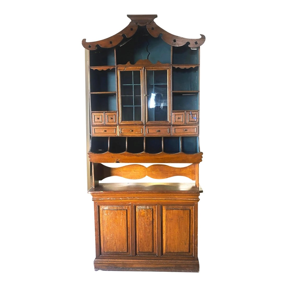 Vintage Chinoiserie Chippendale Style Display Cabinet With Pagoda Top Detailing: Vintage Chinese Chippendale display cabinet hutch. The detailing on this large cabinet is primitive yet classically elegant and tasteful incorporating the best traditional designs elements from both t
