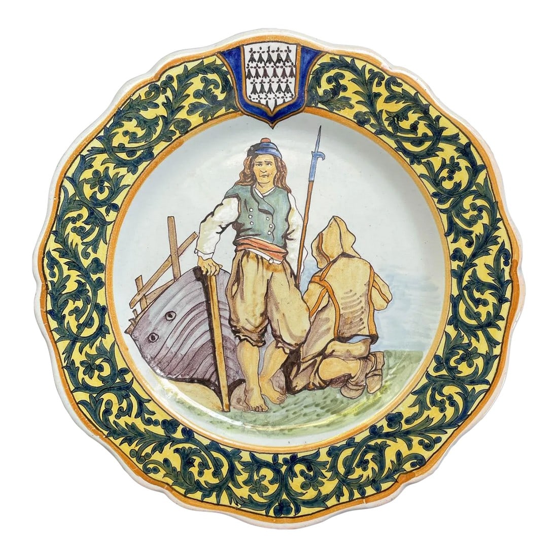 19th Century French Porquier Beau Quimper Faience Plate: A 19th century French Porquier Beau Quimper faience plate with fisherman scene. Foliate border with Brittany coat of arms. Good details. Small chips to glaze on back rim. Signed verso: PB