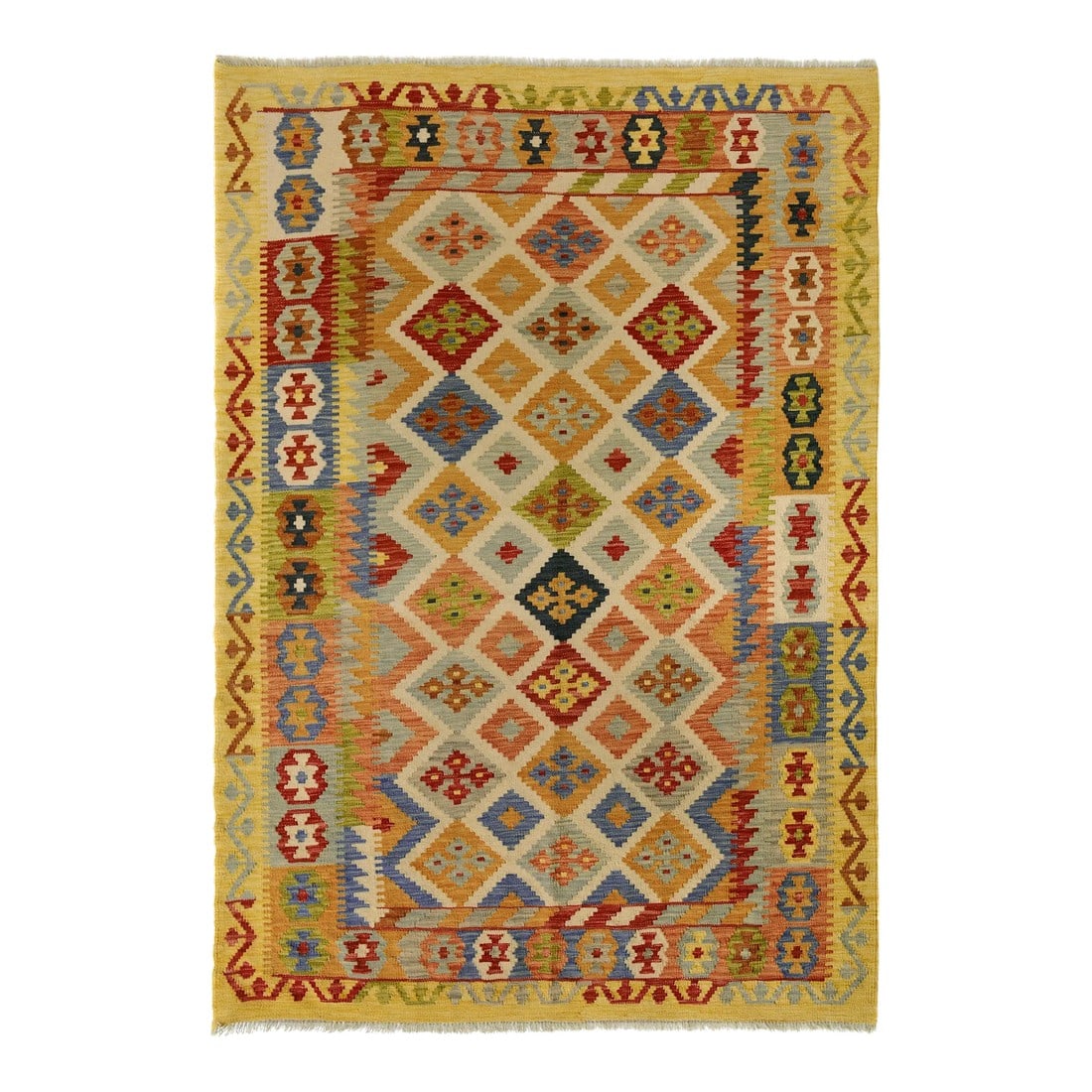 Shabby Chic Kilim Ivory Gold Wool Rug - 5'0" X 6'5": Add a touch of elegance to your home with this casual chic hand woven Tribal Kilim wool rug. Constructed on a loom by Nomad Turkman people with hand-spun wool and 100% Natural Vegetable dyes these bea