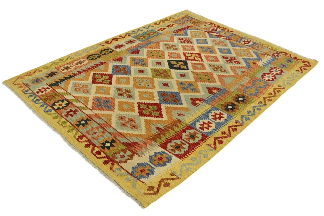 Shabby Chic Kilim Ivory Gold Wool Rug - 5'0" X 6'5" - 2