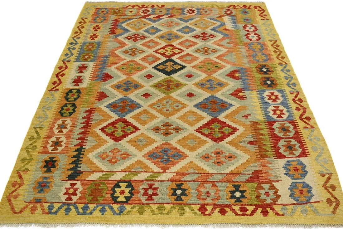 Shabby Chic Kilim Ivory Gold Wool Rug - 5'0" X 6'5" - 3