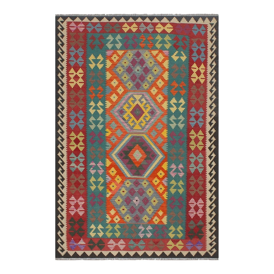 Southwestern Kilim Blue Red Wool Rug - 5'8" X 7'11": Add a touch of elegance to your home with this casual chic hand woven Tribal Kilim wool rug. Constructed on a loom by Nomad Turkman people with hand-spun wool and 100% Natural Vegetable dyes these bea