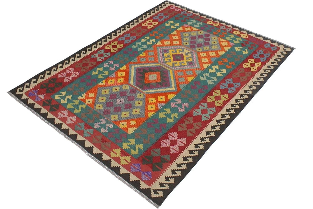 Southwestern Kilim Blue Red Wool Rug - 5'8" X 7'11" - 2