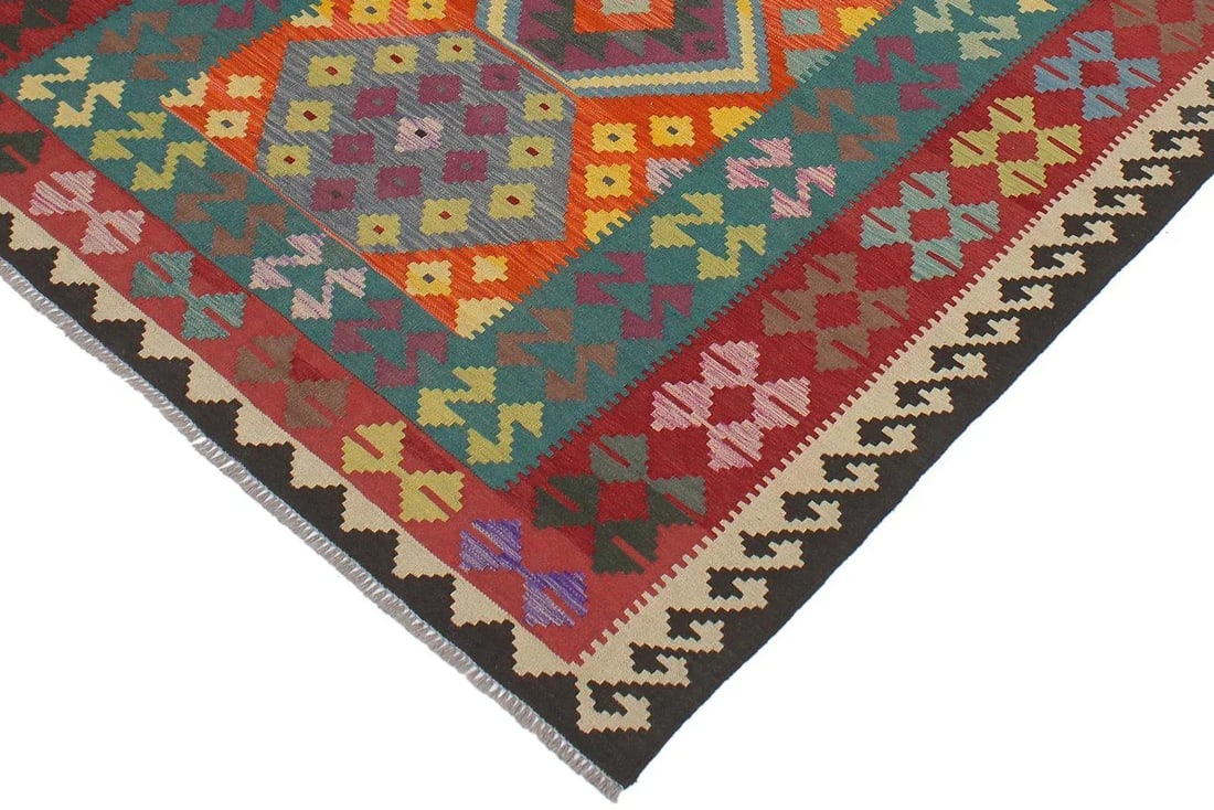 Southwestern Kilim Blue Red Wool Rug - 5'8" X 7'11" - 3