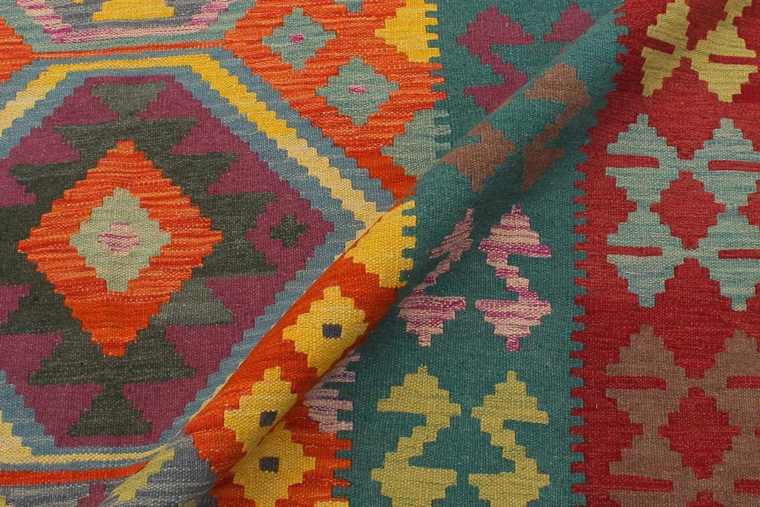 Southwestern Kilim Blue Red Wool Rug - 5'8" X 7'11" - 4