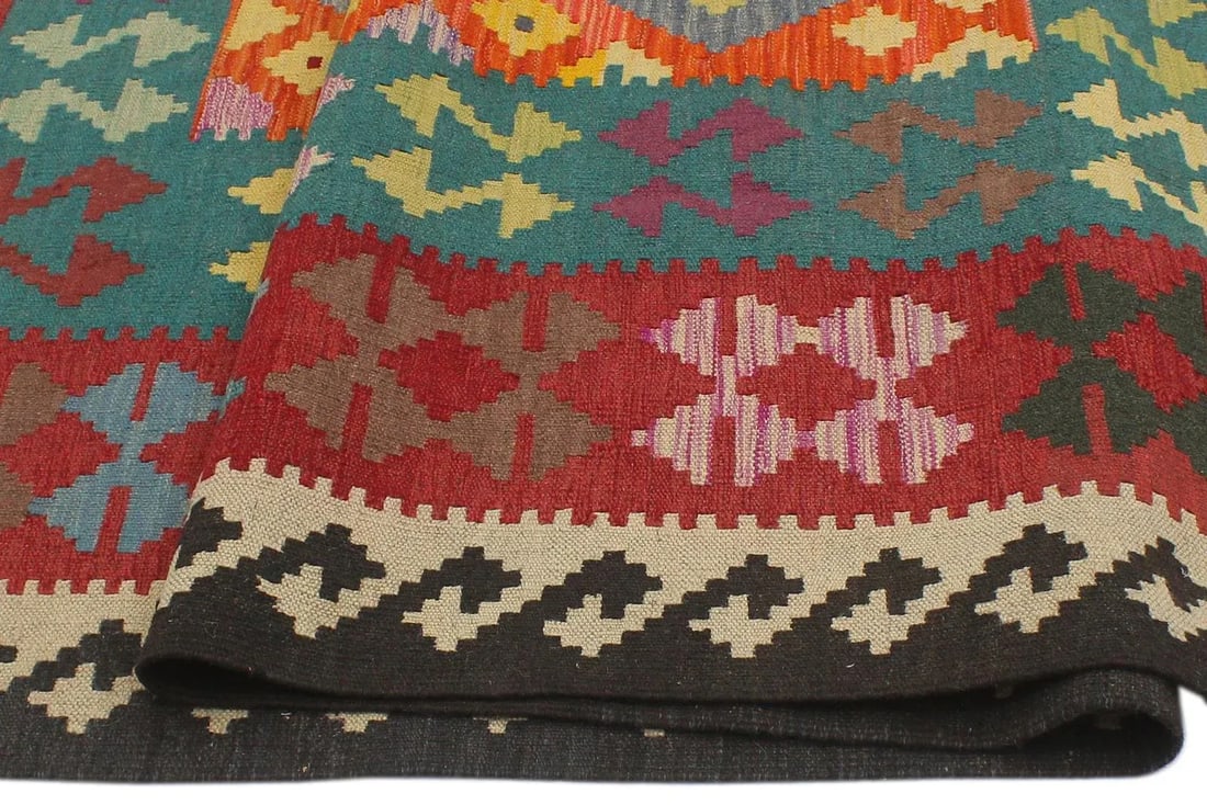 Southwestern Kilim Blue Red Wool Rug - 5'8" X 7'11" - 5