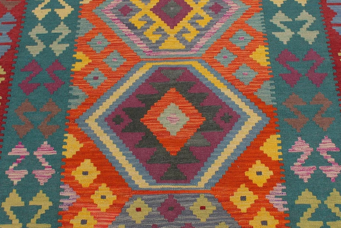 Southwestern Kilim Blue Red Wool Rug - 5'8" X 7'11" - 6