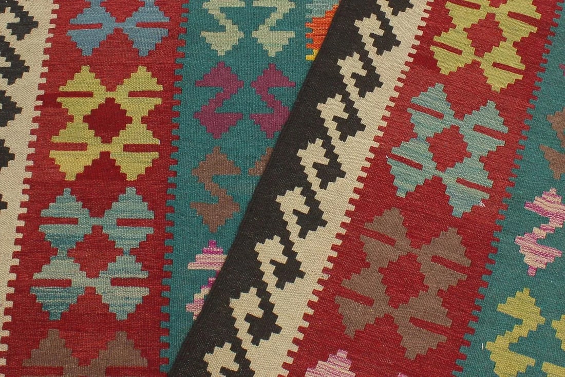 Southwestern Kilim Blue Red Wool Rug - 5'8" X 7'11" - 7