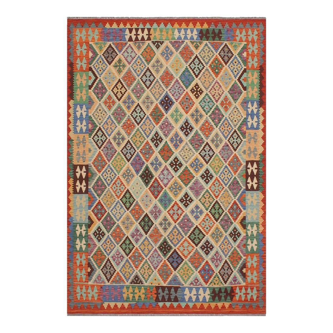 Shabby Chic Kilim Beige Rust Wool Rug - 5'8" X 7'6": Add a touch of elegance to your home with this casual chic hand woven Tribal Kilim wool rug. Constructed on a loom by Nomad Turkman people with hand-spun wool and 100% Natural Vegetable dyes these