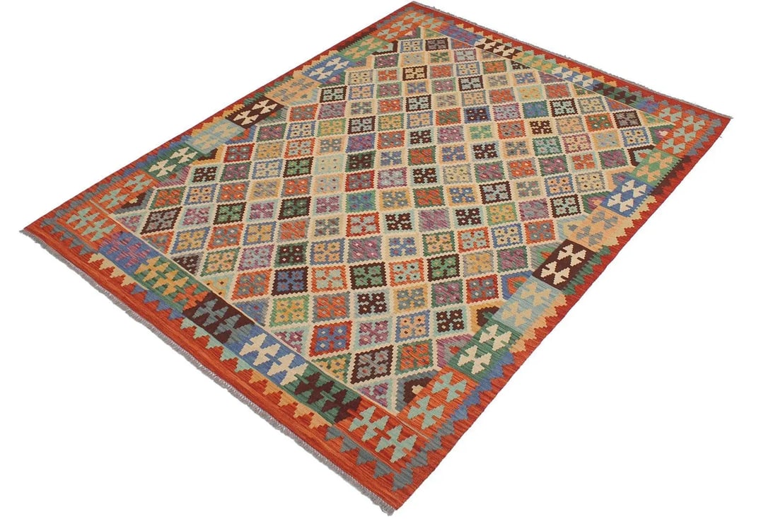 Shabby Chic Kilim Beige Rust Wool Rug - 5'8" X 7'6" - 2