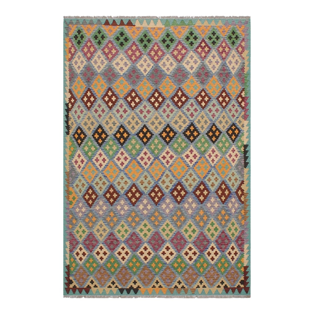 Tribal Kilim Blue Beige Wool Rug - 6'3" X 7'10": Add a touch of elegance to your home with this casual chic hand woven Tribal Kilim wool rug. Constructed on a loom by Nomad Turkman people with hand-spun wool and 100% Natural Vegetable dyes these bea