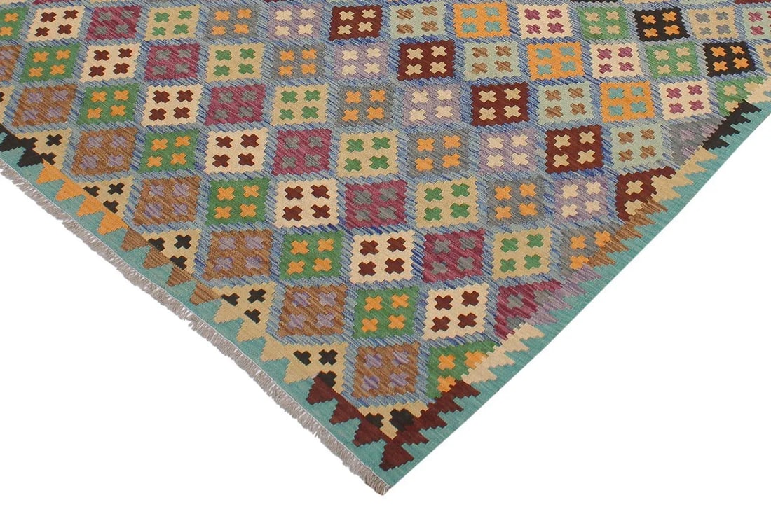 Tribal Kilim Blue Beige Wool Rug - 6'3" X 7'10" - 2