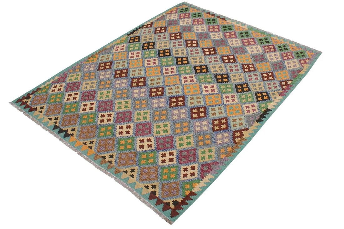 Tribal Kilim Blue Beige Wool Rug - 6'3" X 7'10" - 3