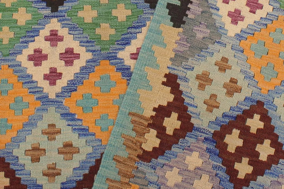 Tribal Kilim Blue Beige Wool Rug - 6'3" X 7'10" - 4