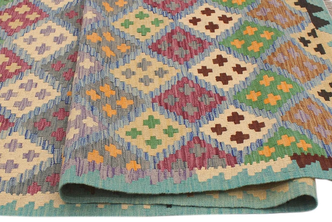 Tribal Kilim Blue Beige Wool Rug - 6'3" X 7'10" - 5