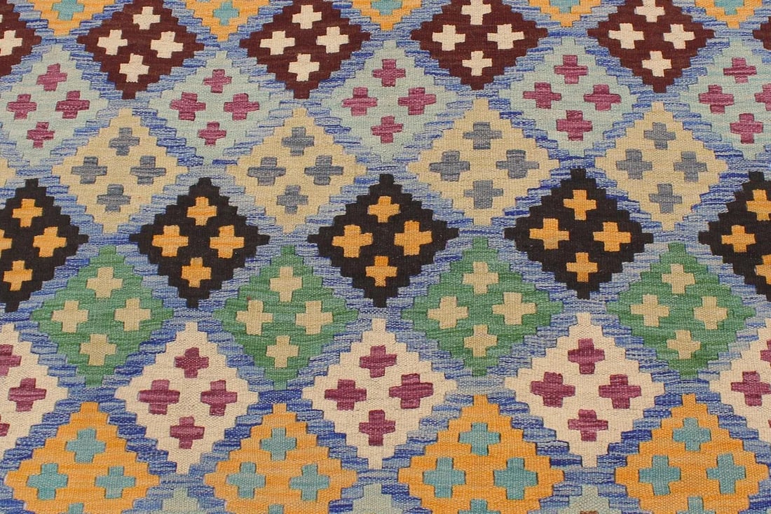 Tribal Kilim Blue Beige Wool Rug - 6'3" X 7'10" - 6