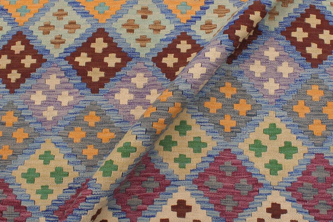 Tribal Kilim Blue Beige Wool Rug - 6'3" X 7'10" - 7