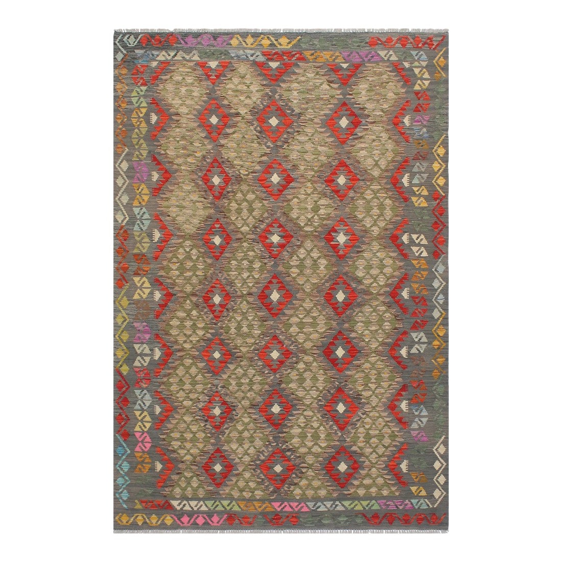 Bohemian Kilim Gray Red Wool Rug - 6'1" X 8'2": Add a touch of elegance to your home with this casual chic hand woven Tribal Kilim wool rug. Constructed on a loom by Nomad Turkman people with hand-spun wool and 100% Natural Vegetable dyes these bea