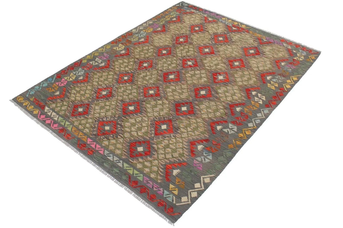 Bohemian Kilim Gray Red Wool Rug - 6'1" X 8'2" - 2