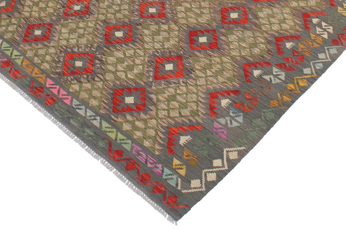 Bohemian Kilim Gray Red Wool Rug - 6'1" X 8'2" - 3