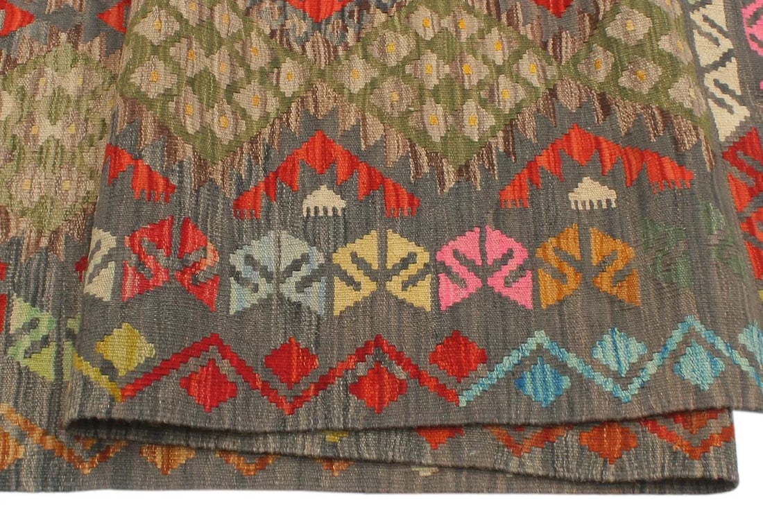 Bohemian Kilim Gray Red Wool Rug - 6'1" X 8'2" - 4