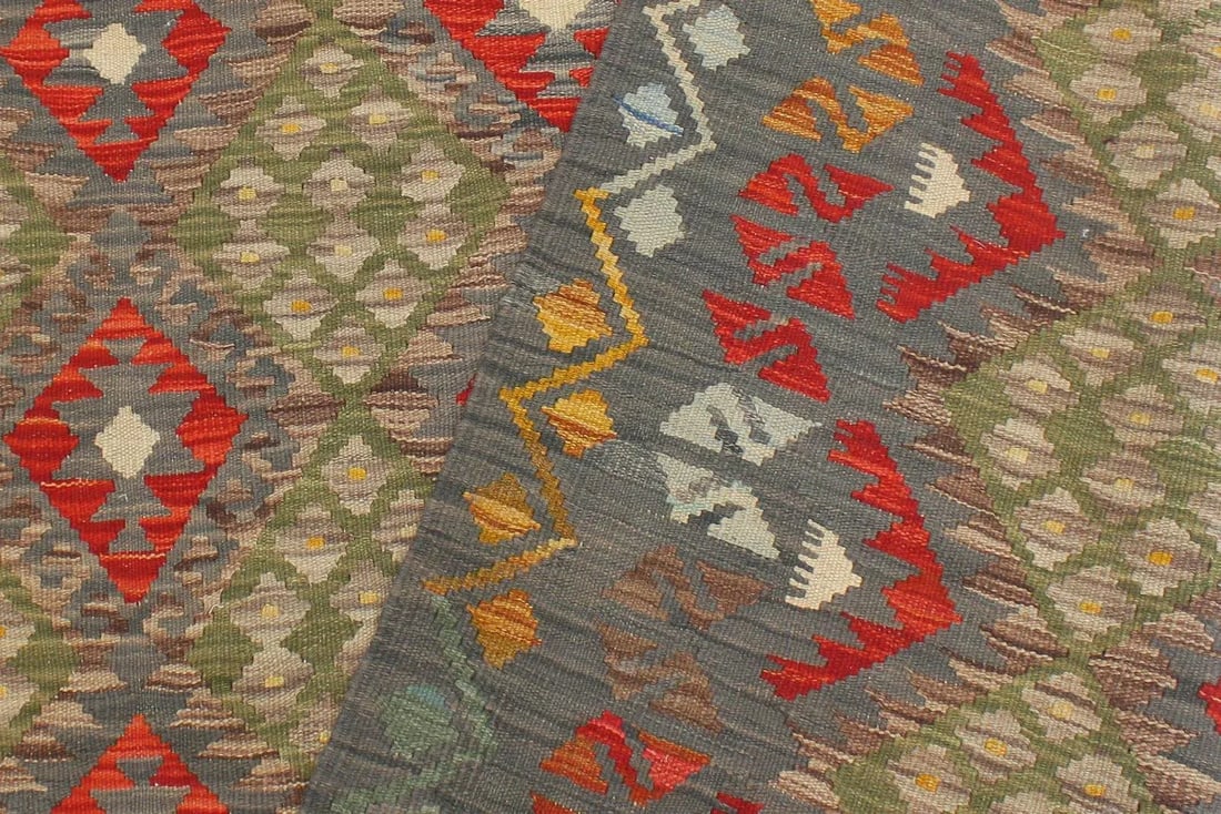 Bohemian Kilim Gray Red Wool Rug - 6'1" X 8'2" - 5