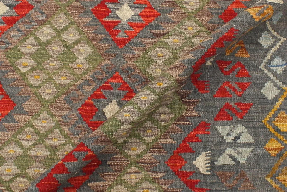 Bohemian Kilim Gray Red Wool Rug - 6'1" X 8'2" - 6