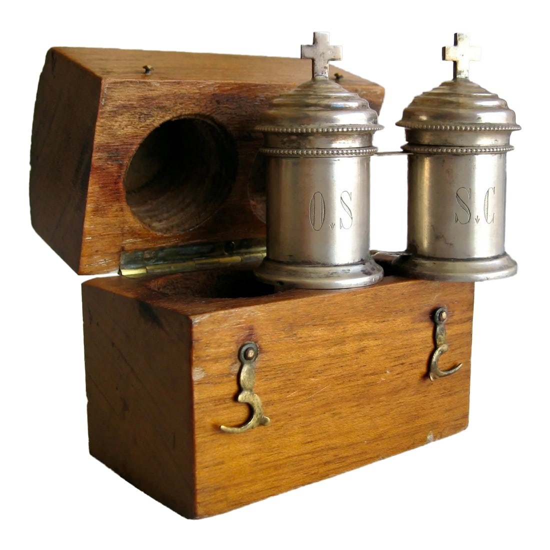 French Silver Holy Oil Stocks in Original Box, Late 1800s: French silver with the minerve mark so 950 silver higher than sterling is used for this early 19 century Holy oil stocks this set is complete in the original wood box , what is unusual is that the 2