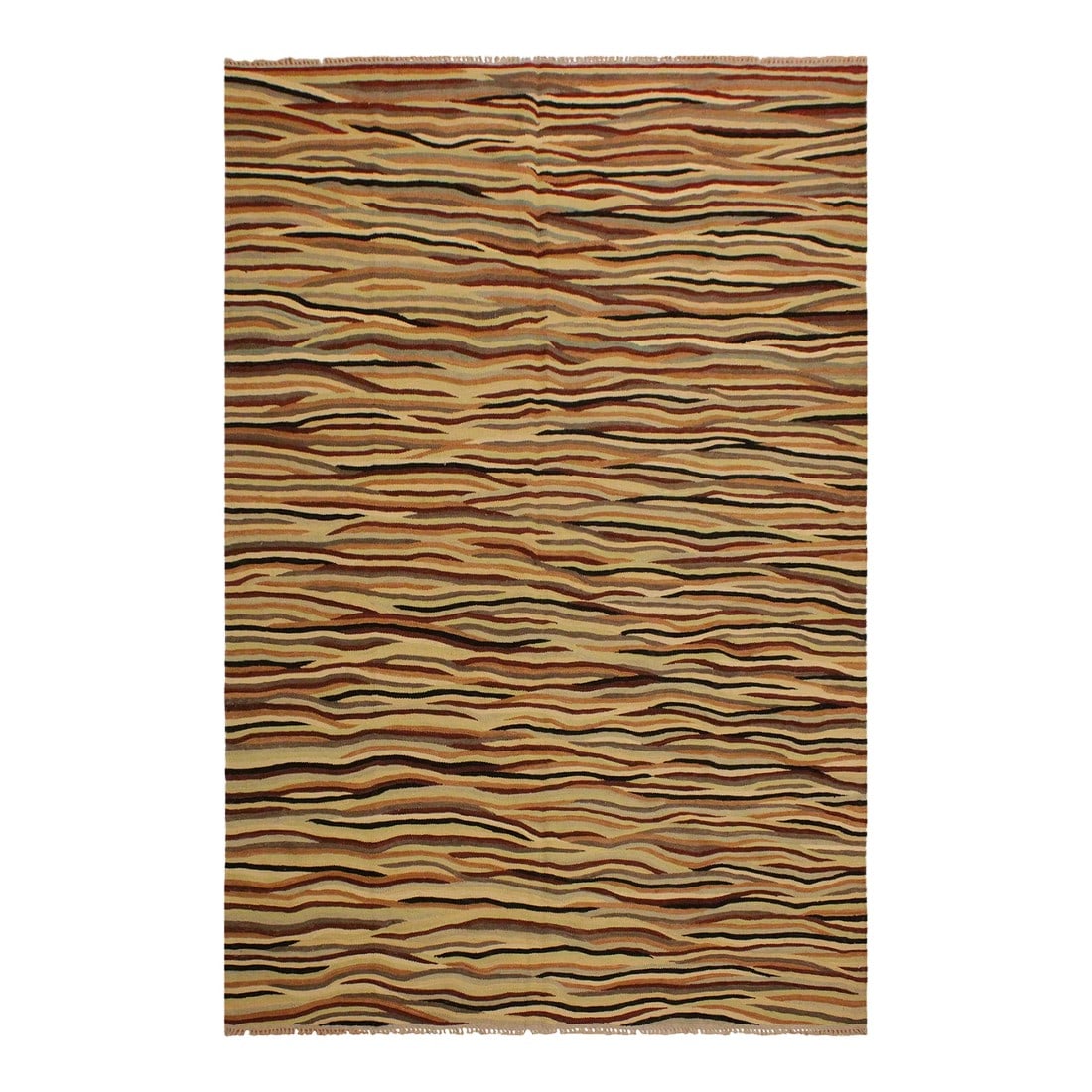 Southwestern Kilim Beige Red Wool Rug - 5'10" X 8'3": Add a touch of elegance to your home with this casual chic hand woven Tribal Kilim wool rug. Constructed on a loom by Nomad Turkman people with hand-spun wool and 100% Natural Vegetable dyes these bea